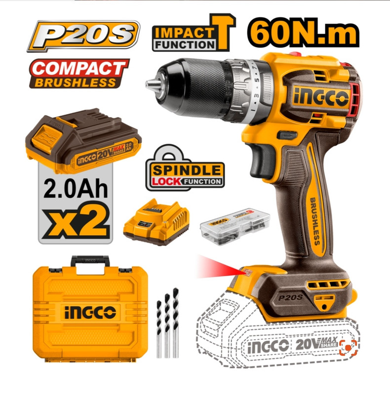 Taladro atornillador percutor 20v 60NM y dos baterías